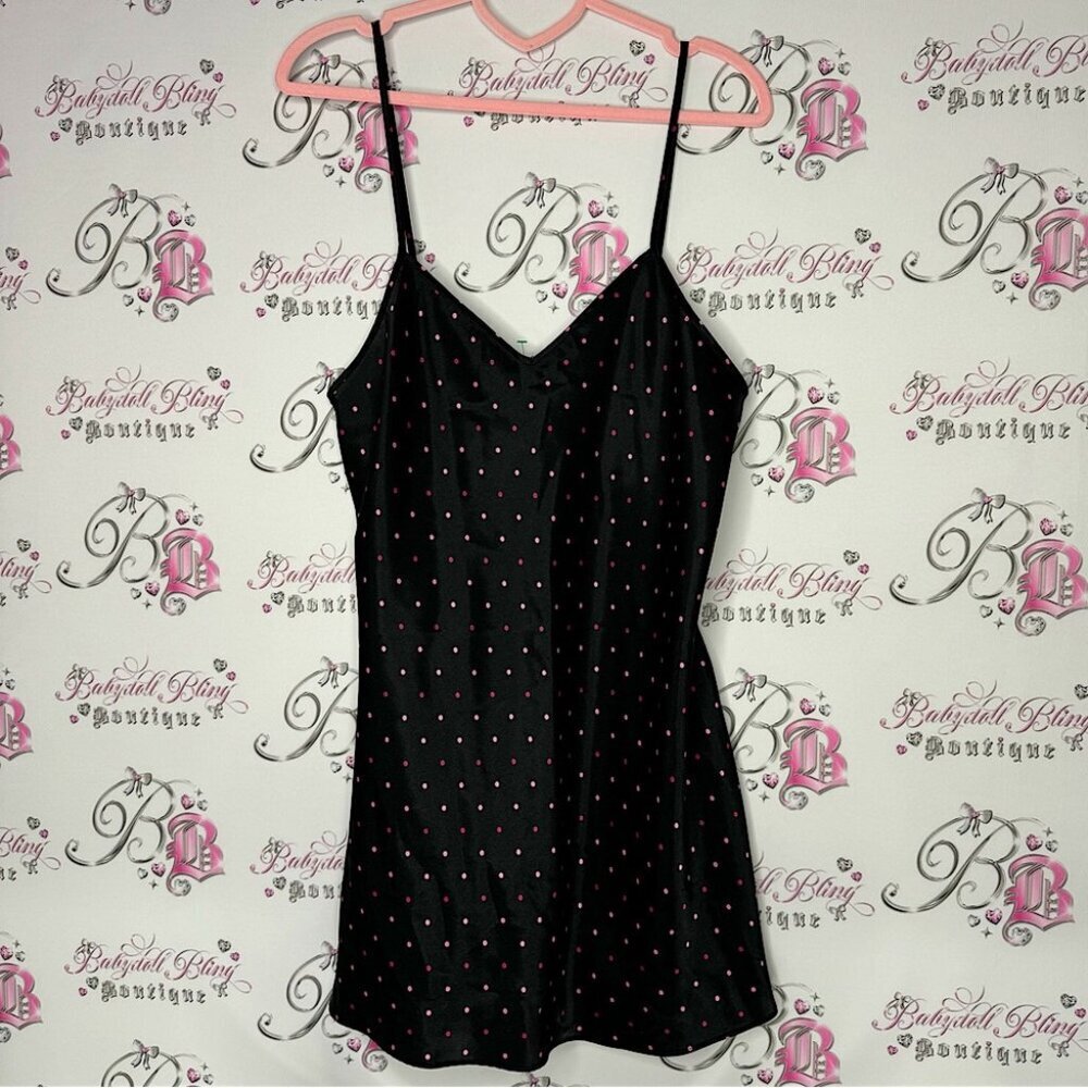 Morgan Taylor intimates dress slip black polka dot dotted pink red silky satiny